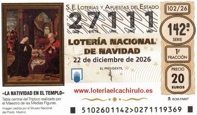 Anverso del décimo 27111 de la Lotería de Navidad 2026, de Ávila